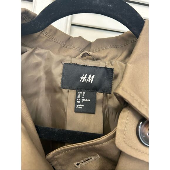 H&M Brown Khaki Black ColorBlock Trench Coat Sz 6 - Picture 2 of 2